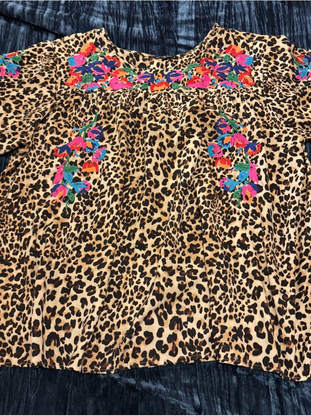 Leopard Print Embroidered Women’s Blouse - Multicolor Floral Accents